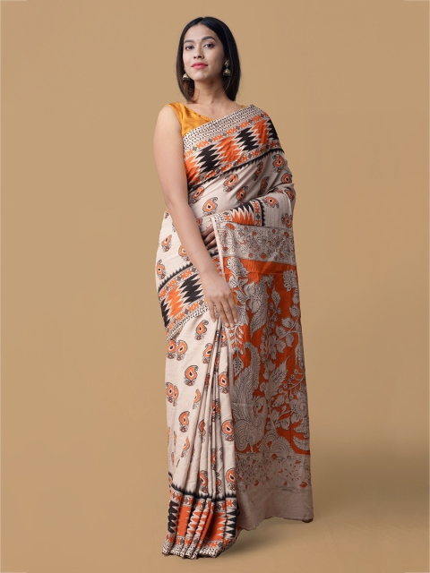 

Unnati Silks Cream-Coloured & Orange Pure Cotton Printed Saree