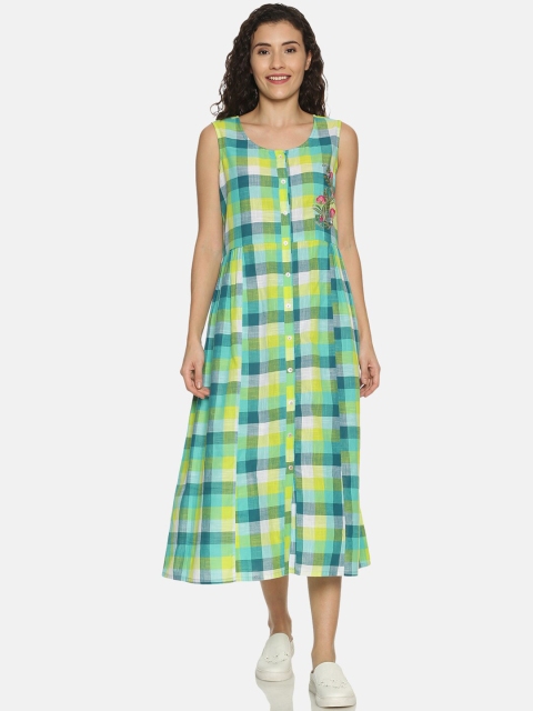

Saffron Threads Women Green Checked A-Line Dress