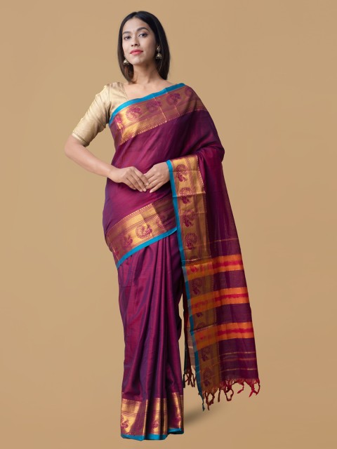 

Unnati Silks Purple Pure Cotton Solid Handloom Narayan Peth Saree