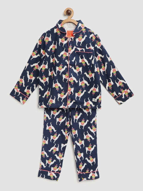 

Cherry Crumble Unisex Kids Navy Blue & White Printed Night Suit