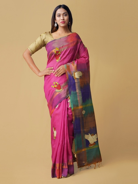 

Unnati Silks Pink & Blue Silk Cotton Woven Design Pochampally Saree