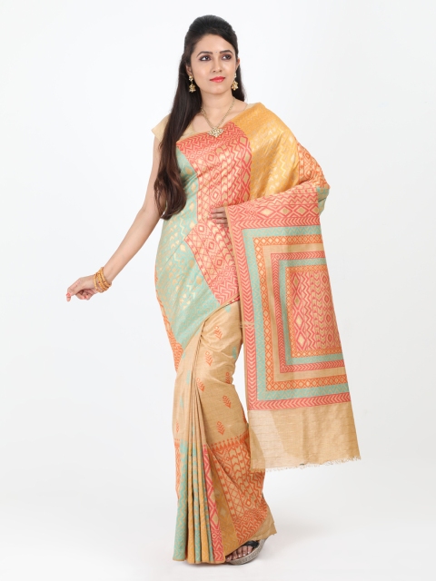 

SABOO COLLECTIONS Beige & Sea Green Silk Blend Woven Design Banarasi Saree