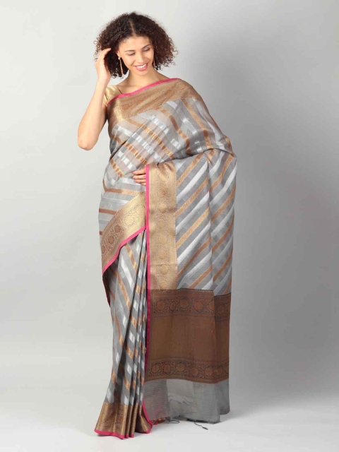

EthnicRoom Grey & Gold-Coloured Silk Cotton Striped Banarasi Saree