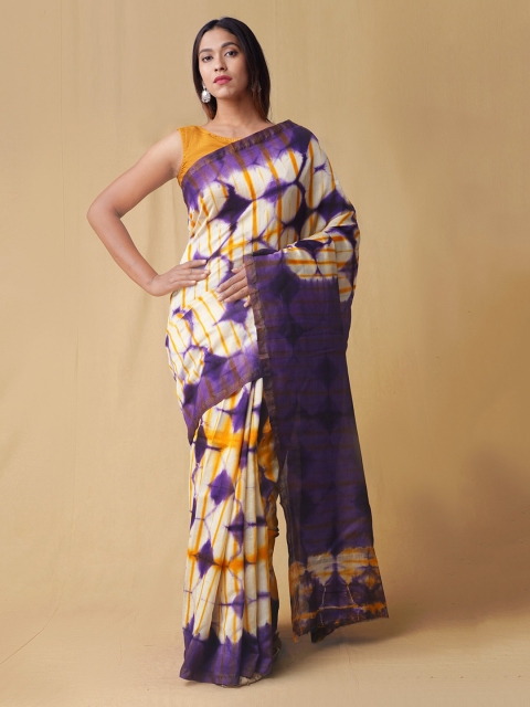 

Unnati Silks Cream-Coloured & Purple Silk Cotton Printed Chanderi Saree