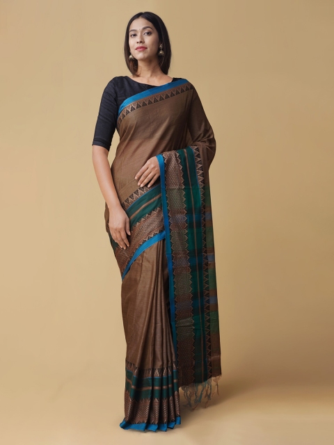 

Unnati Silks Brown & Green Pure Cotton Striped Handloom Narayan Peth Saree