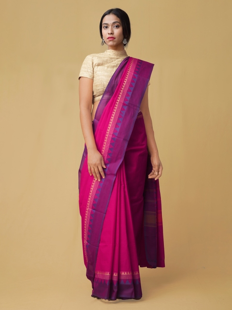 

Unnati Silks Pink & Purple Pure Cotton Striped Kanjeevaram Saree