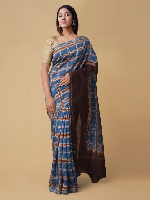 

Unnati Silks Blue Silk Cotton Checked Chanderi Saree