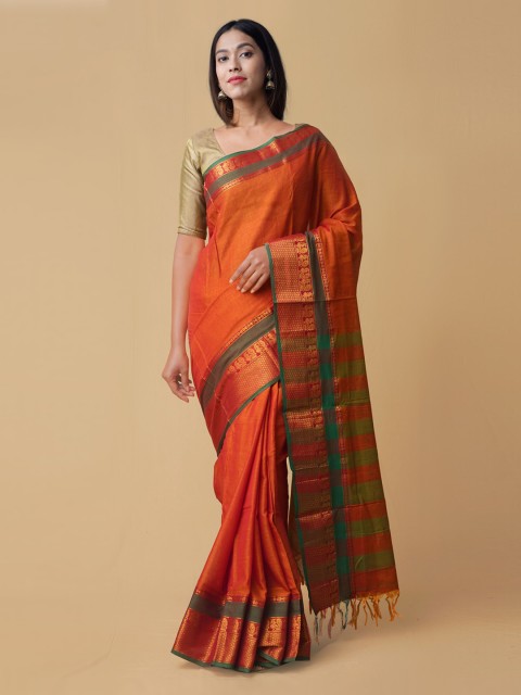 

Unnati Silks Orange & Green Pure Cotton Striped Venkatgiri Saree