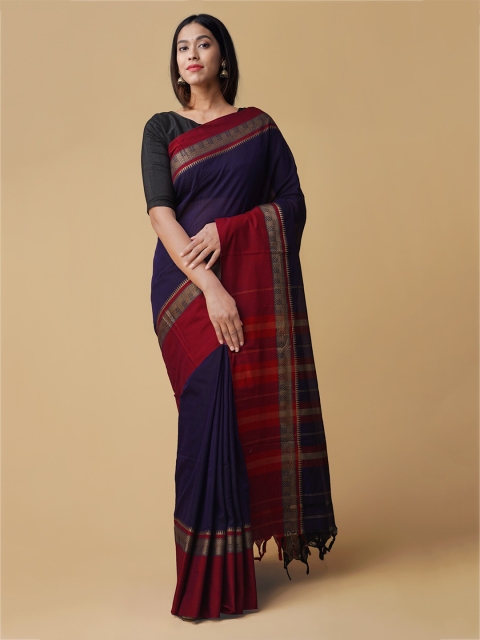 

Unnati Silks Blue Pure Cotton Solid Narayan Peth Saree