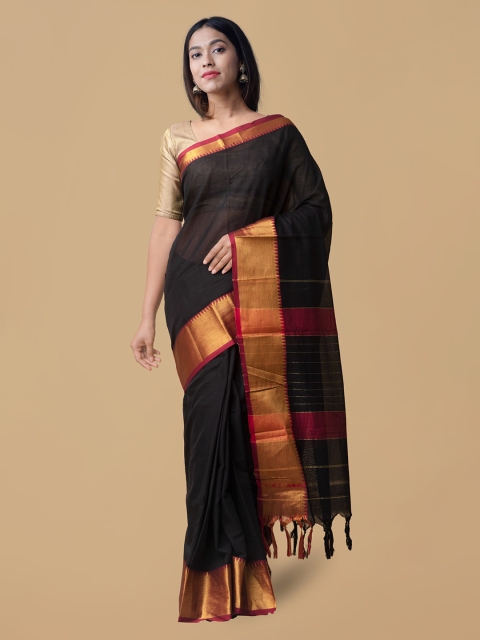 

Unnati Silks Black Pure Cotton Solid Handloom Venkatgiri Saree