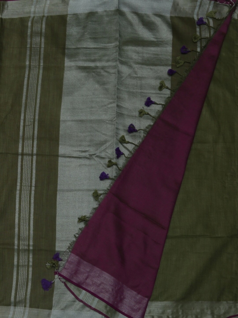 

Pothys Olive Green & Silver-Toned Linen Blend Solid Saree