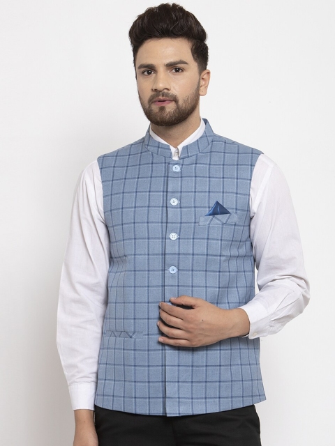 

NEUDIS Men Blue Checked Woven Nehru Jacket