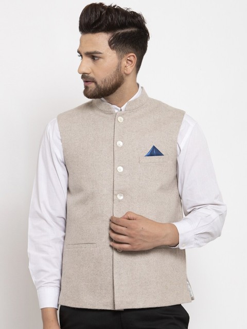 

NEUDIS Men Cream-Colour Solid Woven Nehru Jacket