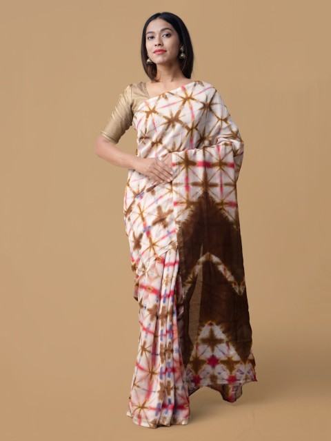 

Unnati Silks Cream-Coloured & Brown Silk Cotton Dyed Chanderi Saree