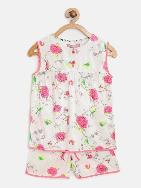 

Cherry Crumble Girls White & Pink Printed Night Suit