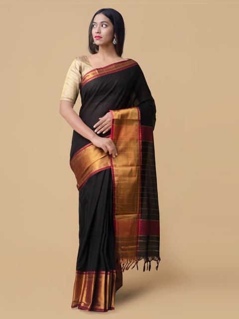 

Unnati Silks Black Pure Cotton Solid Narayan Peth Saree