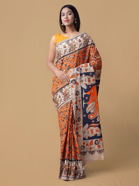 

Unnati Silks Orange & Navy Blue Pure Cotton Kalamkari Printed Saree
