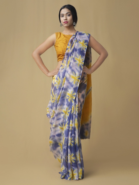 Unnati Silks Blue & Yellow Pure Cotton Printed Kota Handloom Saree
