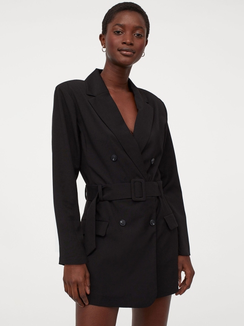 

H&M Women Black Solid Double-Breasted Playsuit