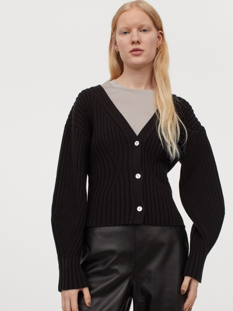 H&M Women Black Solid Rib-Knit Cardigan
