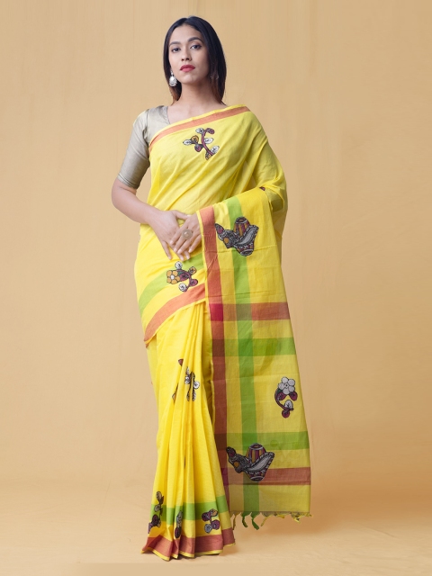 

Unnati Silks Yellow Pure Cotton Printed Handloom Mangalagiri Saree