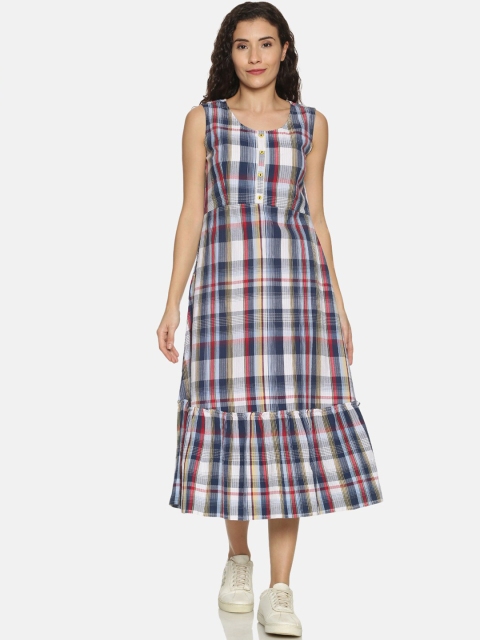 

Saffron Threads Women Blue Checked Fit and Flare Dress