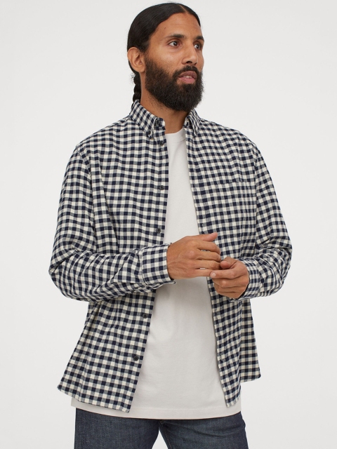 

H&M Men Navy Blue & Off-White Gingham Checked Flannel Shirt