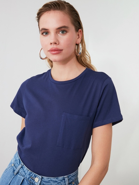 

TRENDYOL COLLECTION Women Navy Blue Solid Round Neck T-Shirt