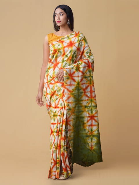 

Unnati Silks Green & Orange Silk Cotton Printed Chanderi Saree
