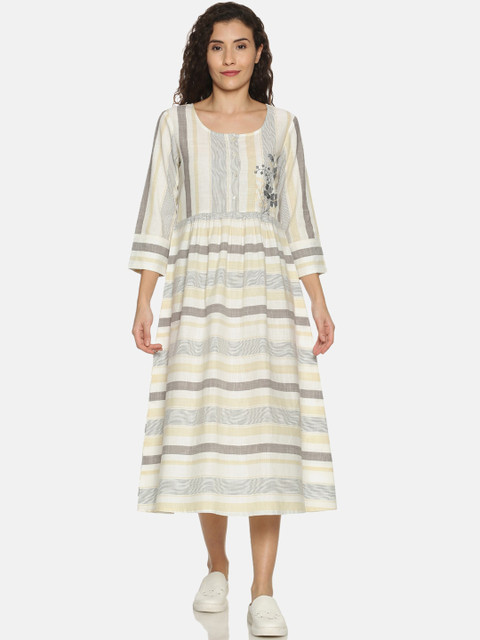 

Saffron Threads Women Off-White & Cream-Coloured Striped A-Line Dress