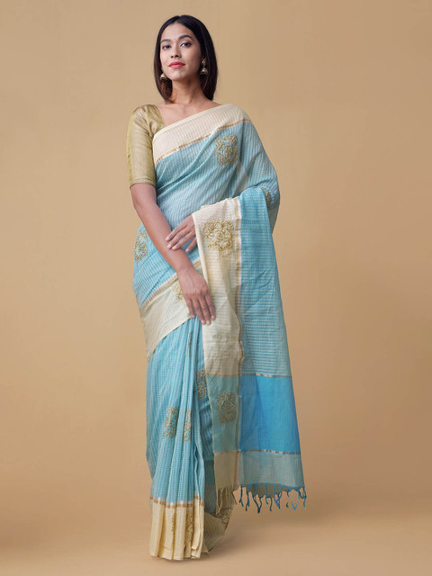 

Unnati Silks Blue & Cream-Coloured Pure Cotton Striped Mangalagiri Saree