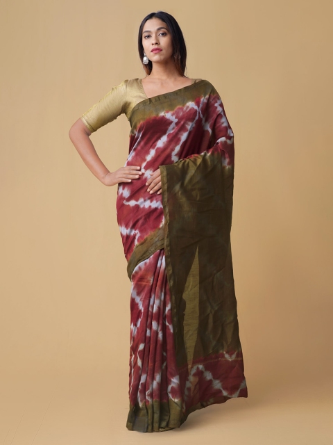 

Unnati Silks Red Silk Cotton Printed Chanderi Handloom Saree, Maroon