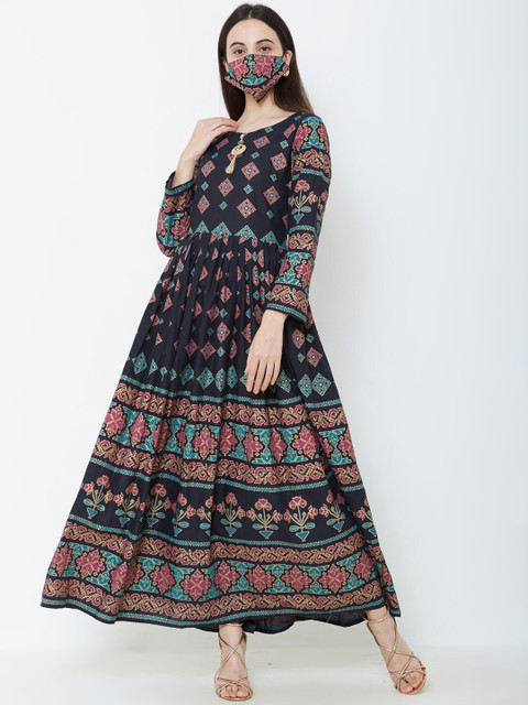 

FASHOR Women Black & Blue Printed Anarkali Kurta