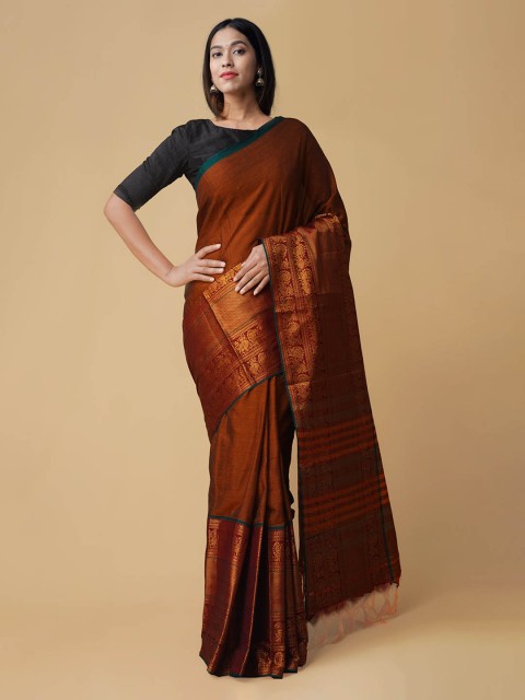 

Unnati Silks Brown Pure Cotton Solid Handloom Venkatgiri Saree
