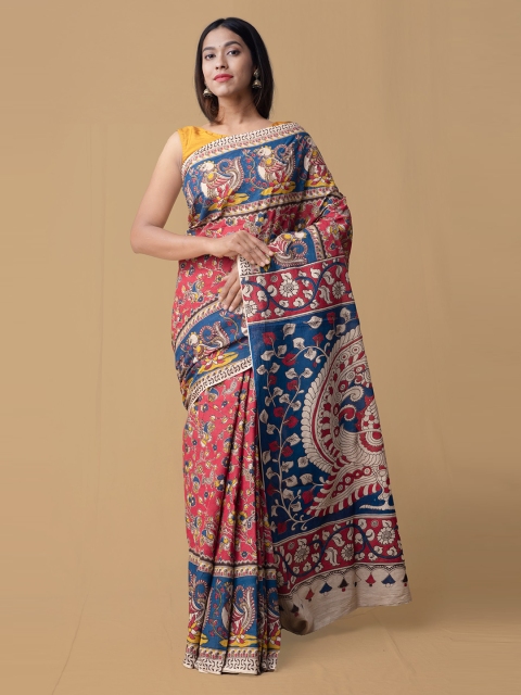 

Unnati Silks Red & Blue Pure Cotton Printed Handloom Saree