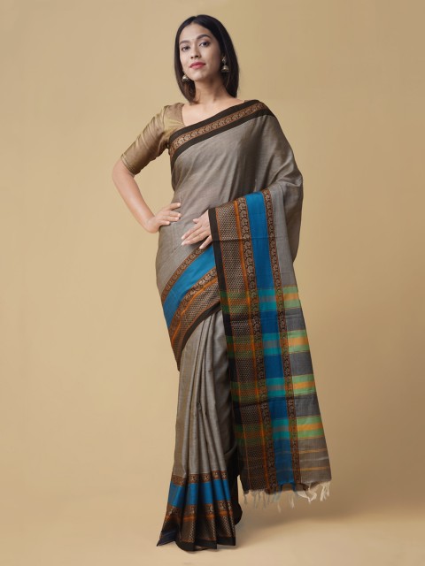 

Unnati Silks Grey & Gold-Toned Pure Cotton Striped Narayan Peth Saree