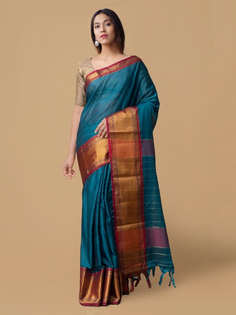 

Unnati Silks Blue Pure Cotton Woven Design Handloom Narayan Peth Saree