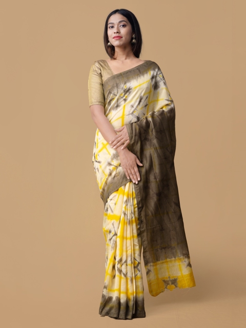 

Unnati Silks Yellow & Brown Silk Cotton Printed Handloom Chanderi Saree
