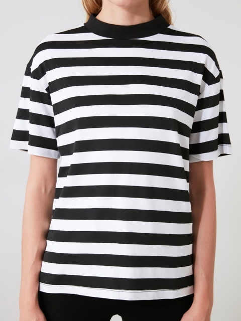 

TRENDYOL COLLECTION Women Black & White Striped High Neck T-shirt