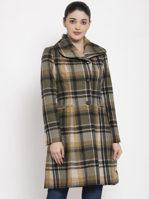 

Owncraft Women Olive Green & Brown Checked Longline Overcoat