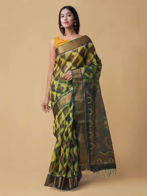 

Unnati Silks Green & Gold-Coloured Silk Cotton Woven Design Pochampally Saree