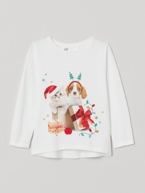 

H&M Girls White Printed Cotton Top