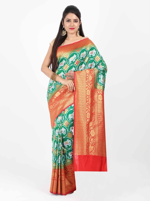 

SABOO COLLECTIONS Green & Red Woven Design Ikat Saree