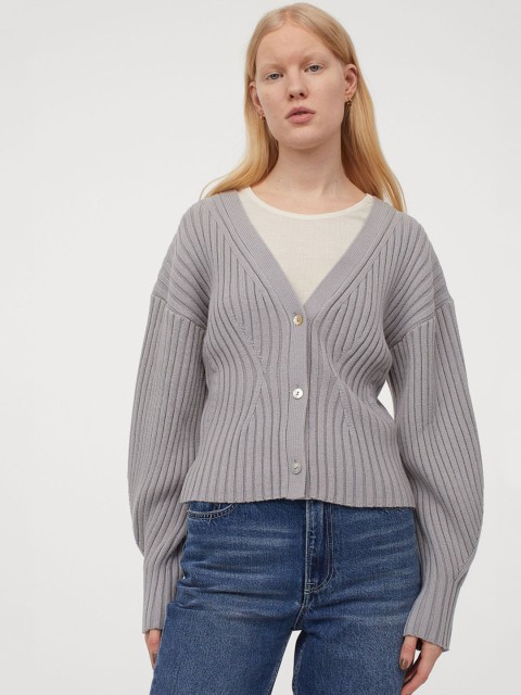 

H&M Women Grey Solid Rib-Knit Cardigan