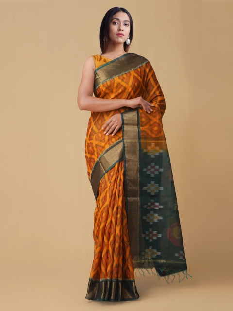 

Unnati Silks Orange & Green Silk Cotton Woven Design Handloom Pochampally Saree