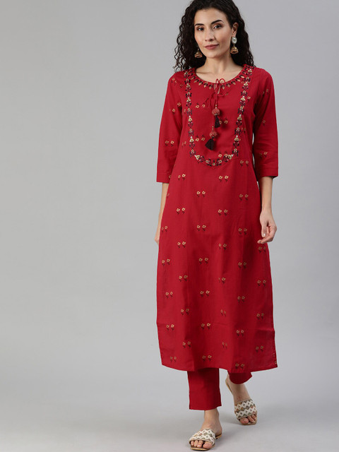 

Ishin Women Red Embroidered A-Line Kurta