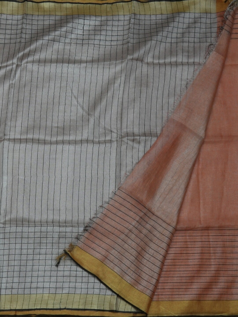 

Pothys Orange & Grey Pure Linen Checked Saree