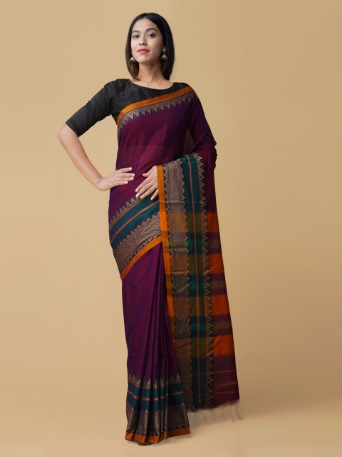 

Unnati Silks Purple Pure Cotton Solid Narayan Peth Saree