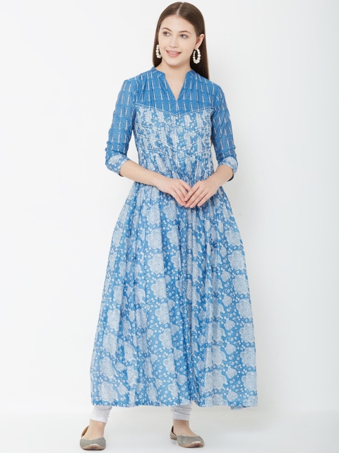 

FASHOR Women Blue & White Printed Anarkali Kurta