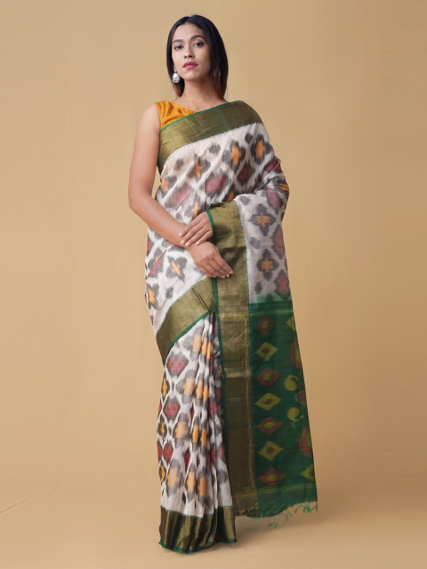 

Unnati Silks White & Yellow Silk Cotton Printed Pochampally Saree